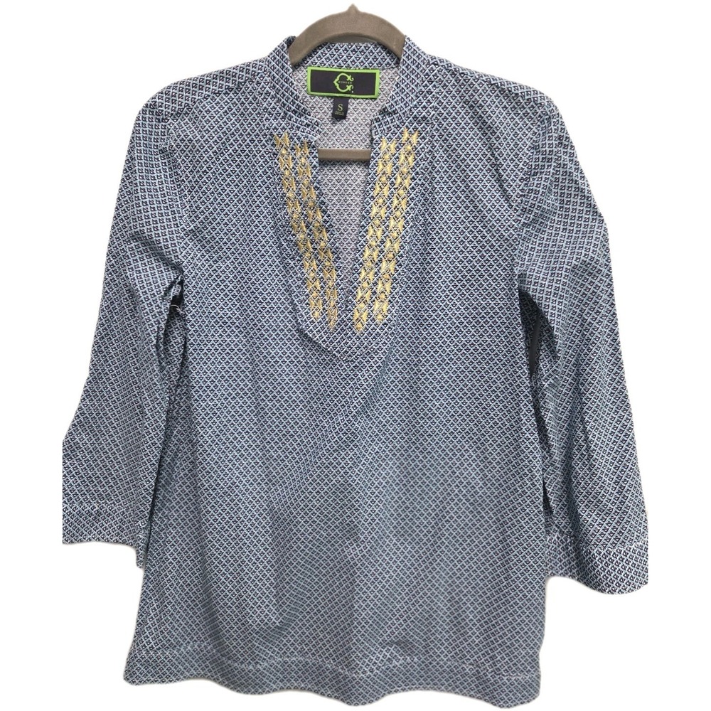 C. Wonder Women Tunic Top Sm Blue Multi Geometric Print V Neck Embroidery Cotton
